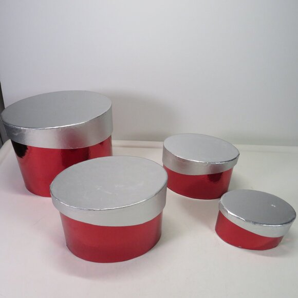 Metallic Red Silver modern design (set of 4) gift boxes OVAL SHAPES SLANTED LID - Picture 1 of 7